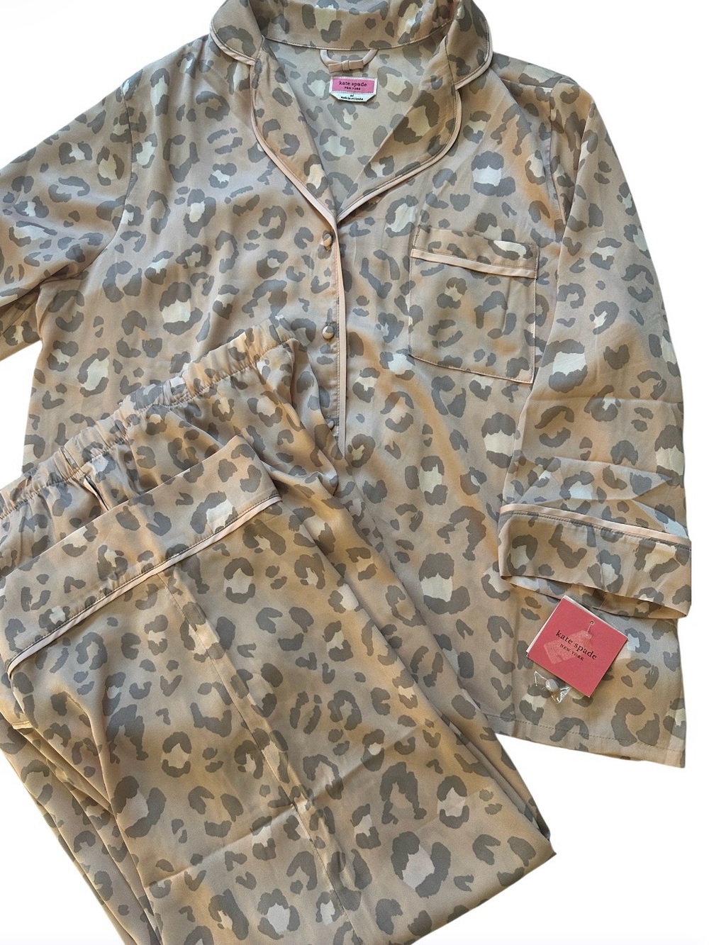 kate spade women’s XL rose and Gray Leopard Print Pajama Set cropped 3/4 Skeeves